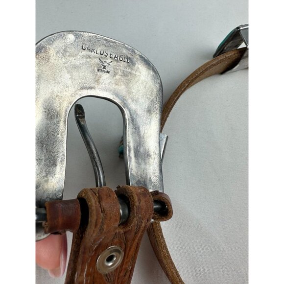 Vintage Rare Carlos Eagle Sterling Silver Inlay Buckle Belt Turquoise Coral Tige - Picture 3 of 9